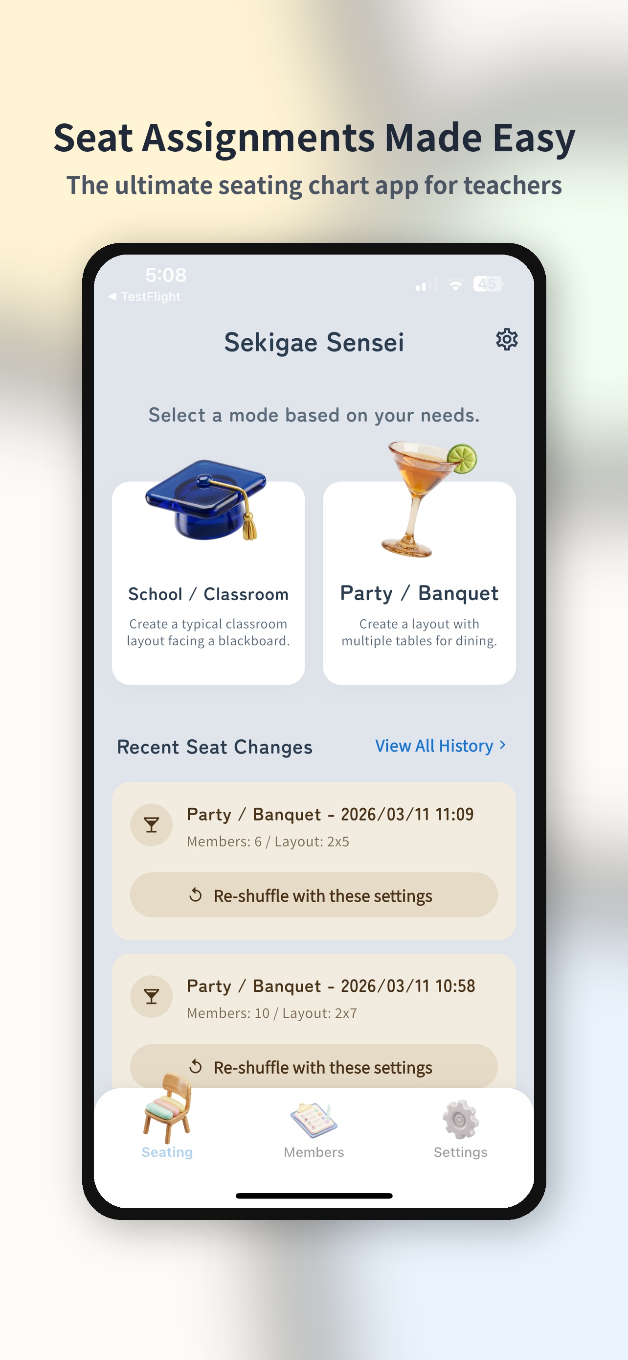 School & Party Modes School & Party Modes - Instantly adapt to any layout, from classrooms to multiple tables. Customizable teacher's desk and table shapes.